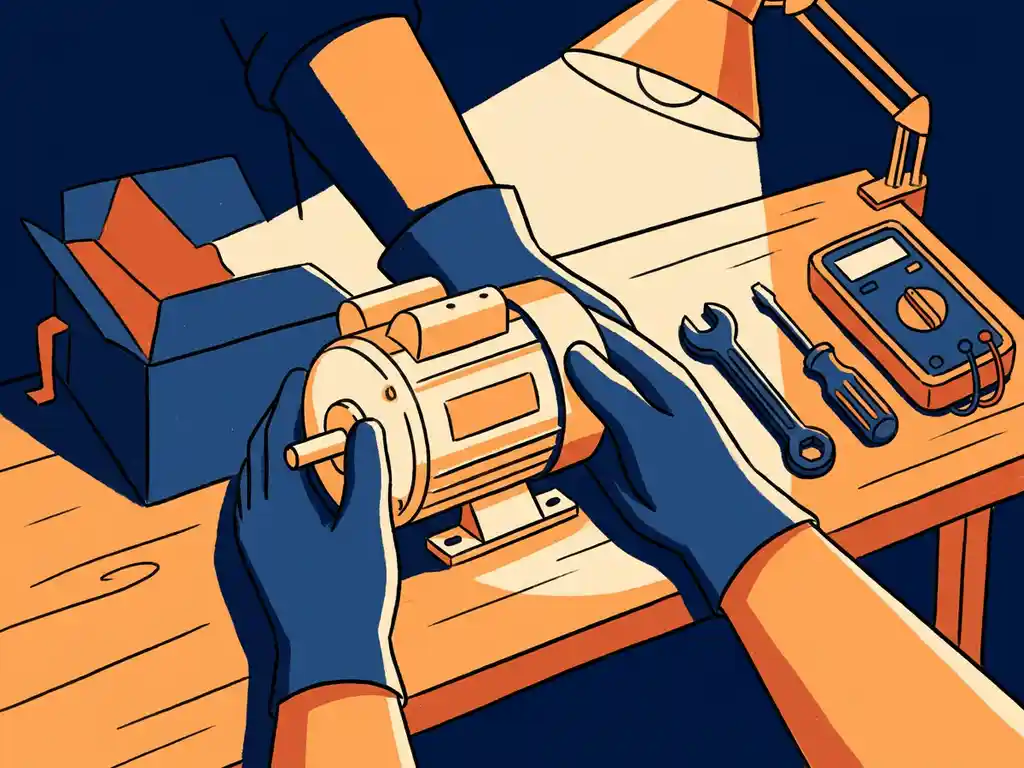 Technicus inspecteert een compacte industriële elektromotor op een werkbank, gereedschap netjes gerangschikt, illustratiestijl.
