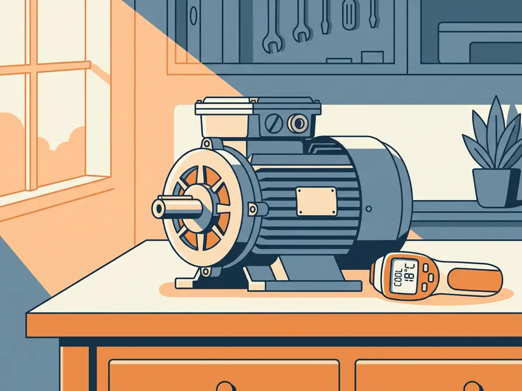 Elektrische motor op een werkbank met een handthermometer die een lage temperatuur aangeeft, in een rustige industriële werkplaats.