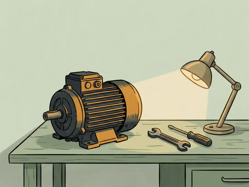 Elektrische motor op een werkbank met gereedschap, handgetekende illustratie in saliegroen en warm amber.