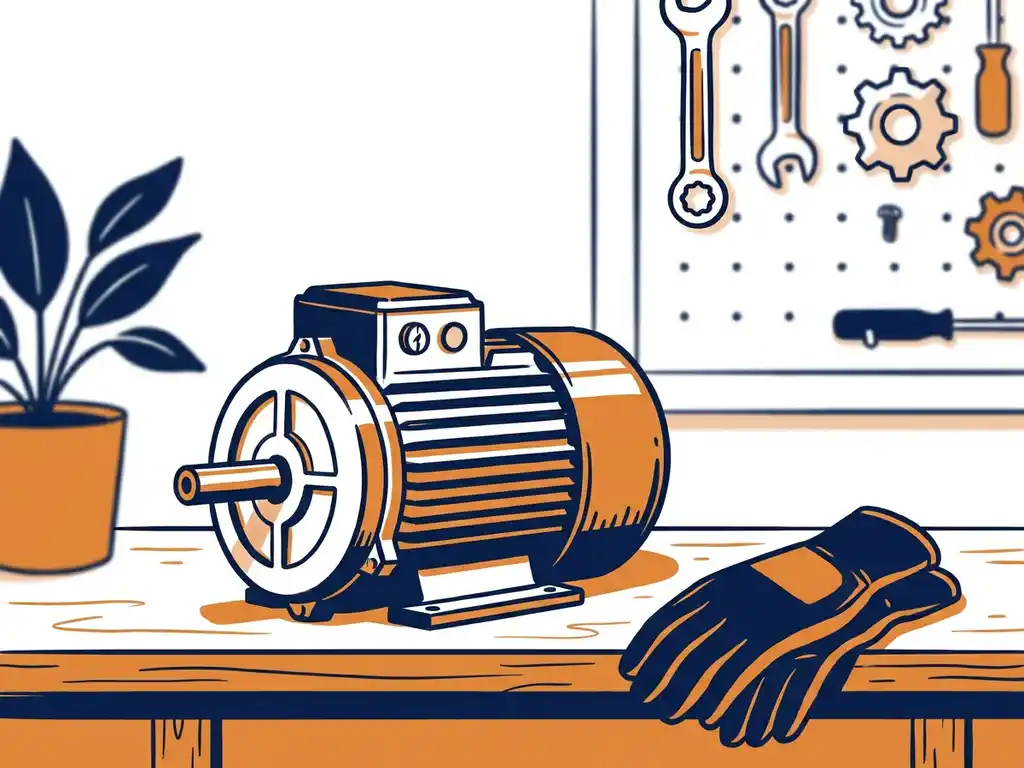 Elektromotor op werktafel met handen van technicus, groene plant en gereedschap op de achtergrond, illustratie in marineblauw en warm oranje.