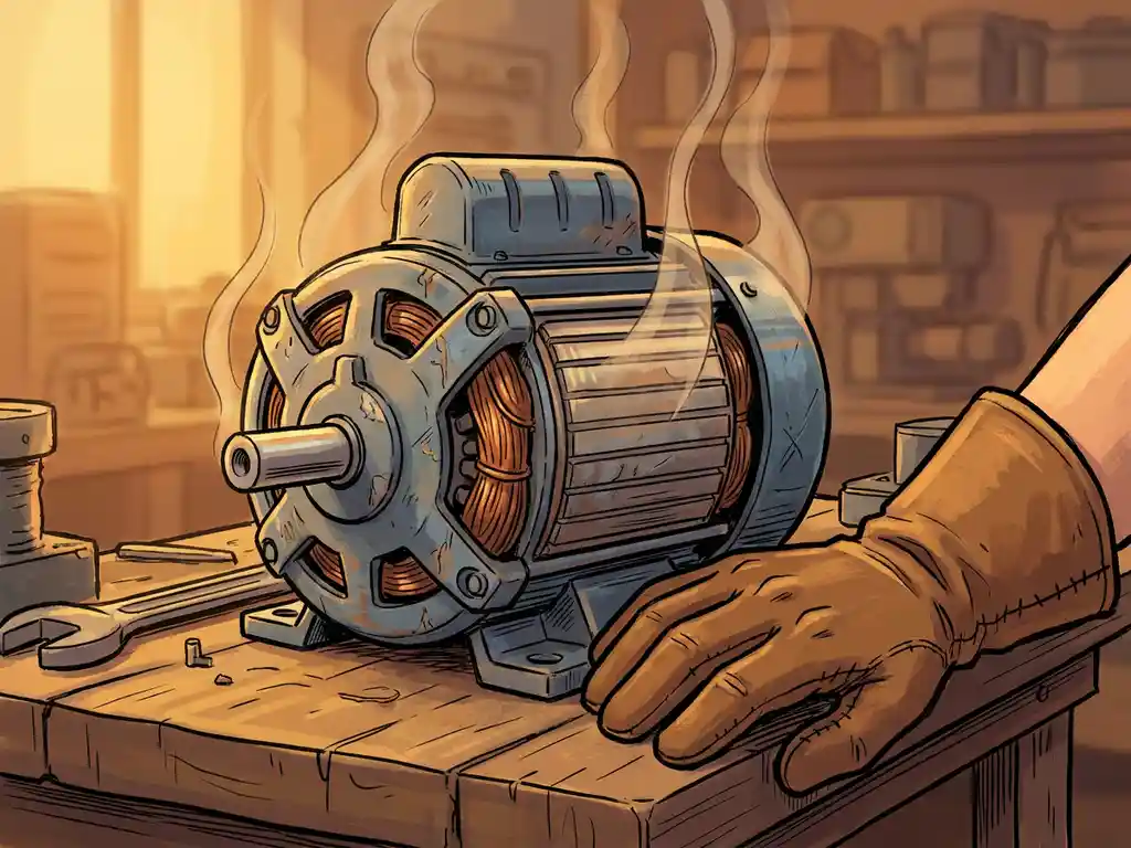 Versleten industriële elektromotor op een werkbank met hittegolven, hand van technicus in handschoen ernaast, warme amberlichten.