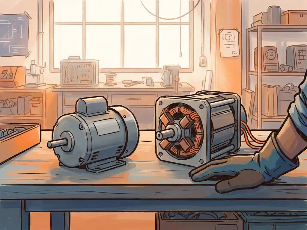 Gehandschoende technicus vergelijkt een AC-motor en DC-motor met borstelterminals op een werkbank in een industriële werkplaats.