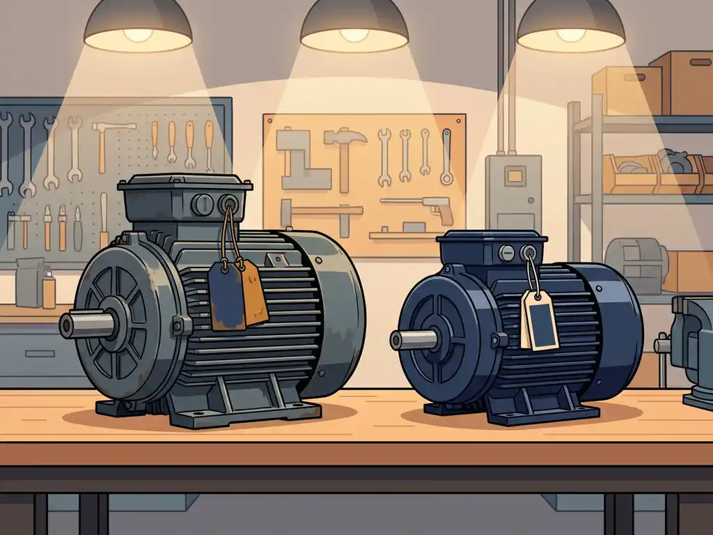 Twee industriële elektromotoren op een werkbank, met koelribben en efficiëntiелabels, stalen behuizing in grijs, marineblauw en amber.