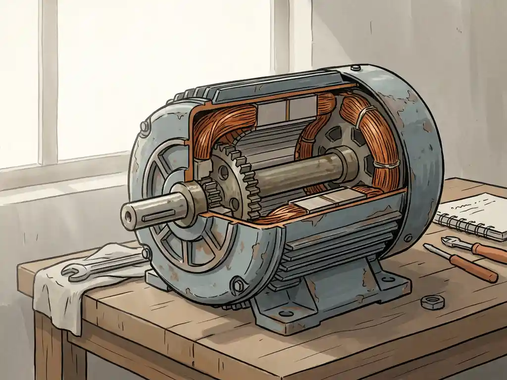 Doorsnede van een versleten elektromotor op een werkbank, met zichtbare koperen wikkelingen en mechanische onderdelen in zacht natuurlijk licht.