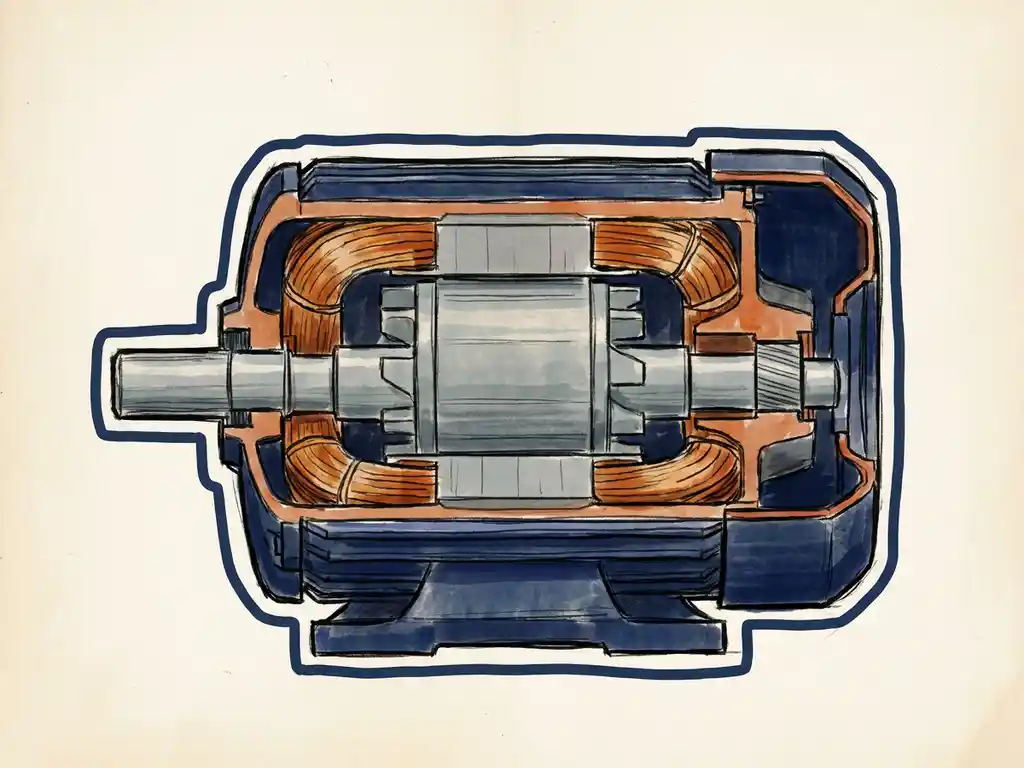 Doorsnede-illustratie van een elektromotor met koperen wikkelingen, rotor en stator in marineblauw behuizing.