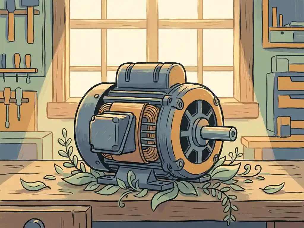 Elektrische motor in industriële werkplaats met groene plantjes aan de basis, warm zonlicht door raam.