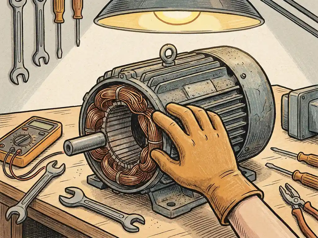 Technicus inspecteert koperen wikkelingen van een versleten industriële elektromotor op een werkbank met precisiegereedschap.