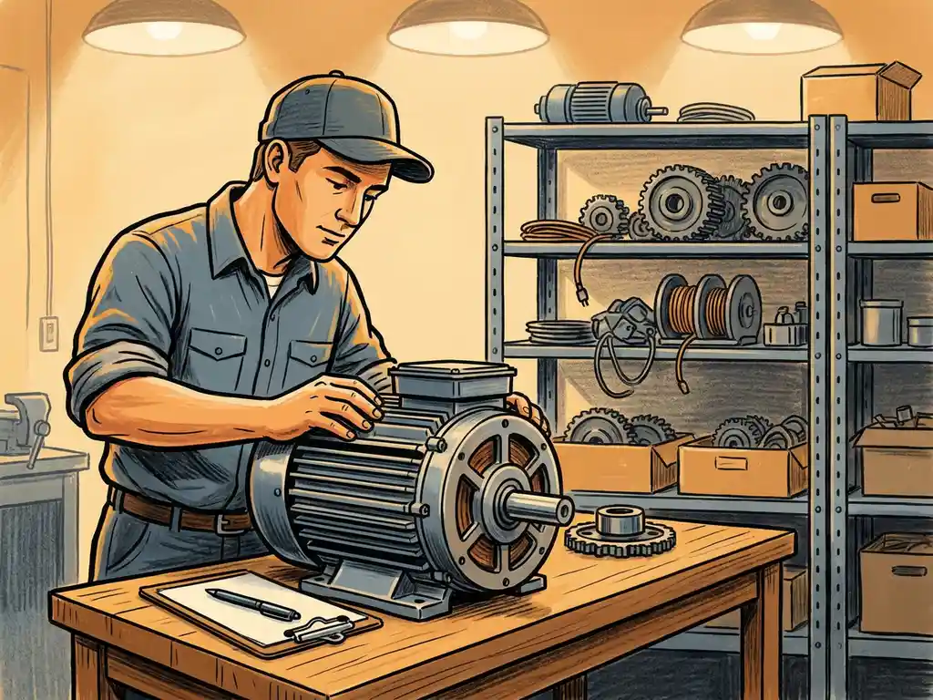 Technicus inspecteert grote elektromotor op werkbank in professionele werkplaats met reserveonderdelen op metalen stellingen.