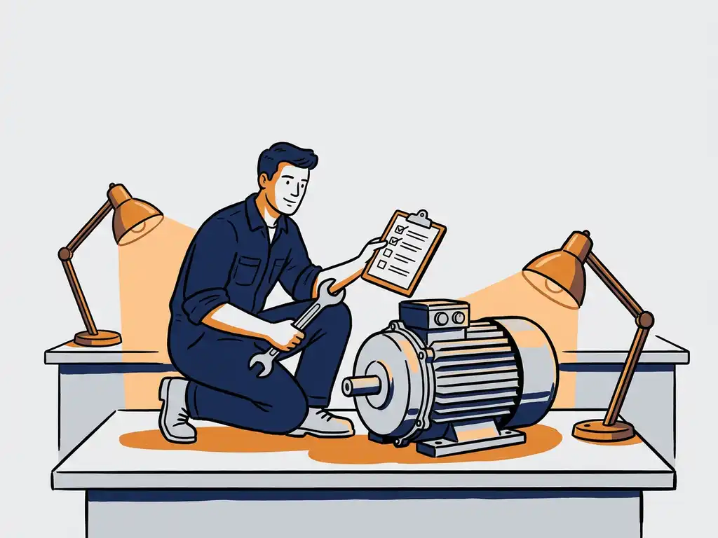 Technicus inspecteert grote industriële elektromotor op werkbank met moersleutel en klembord.