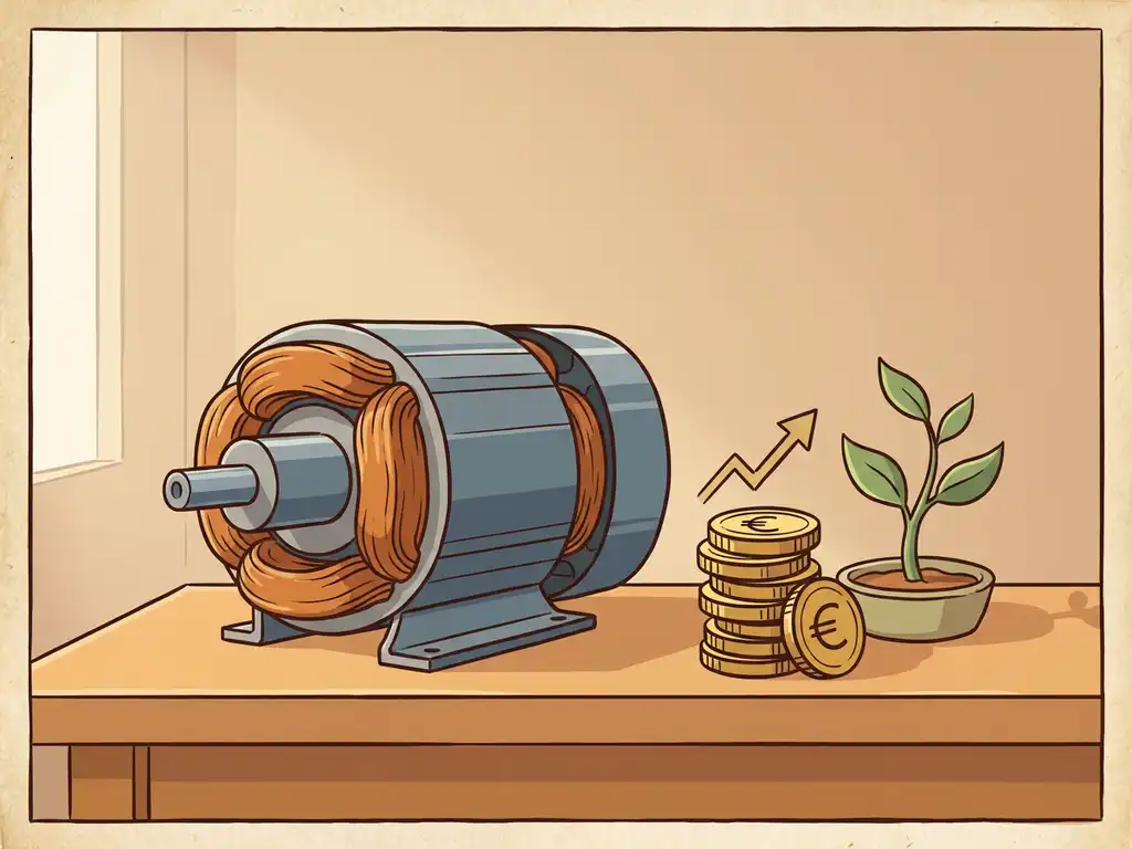 Elektrische motor op werkbank naast een stapel euromunten met pijl omhoog en een groene plant als symbool van groei.