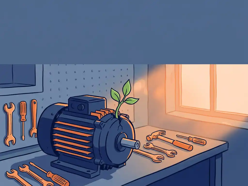Industriële elektrische motor op werkbank met groen plantje uit de behuizing, symbool voor lange levensduur, warme gereedschappen erbij.