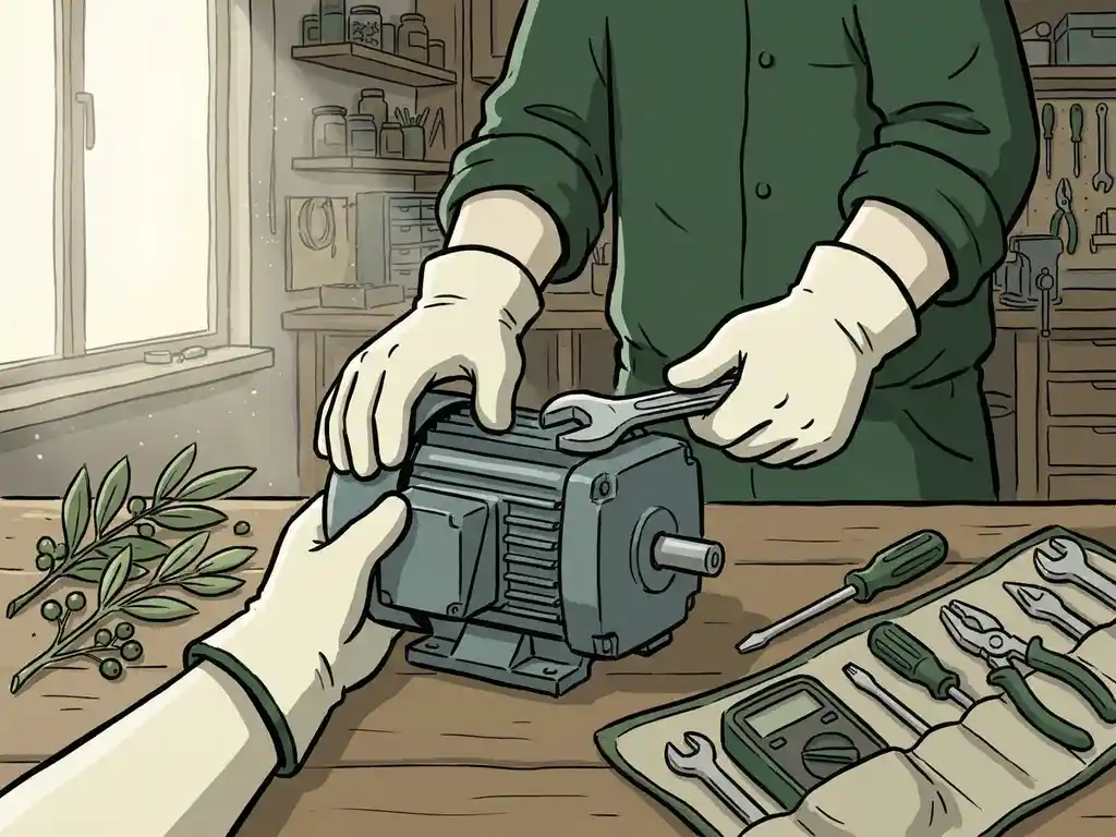 Technicus repareert compacte industriële elektromotor op werkbank, met groene takjes als symbool voor duurzaamheid.