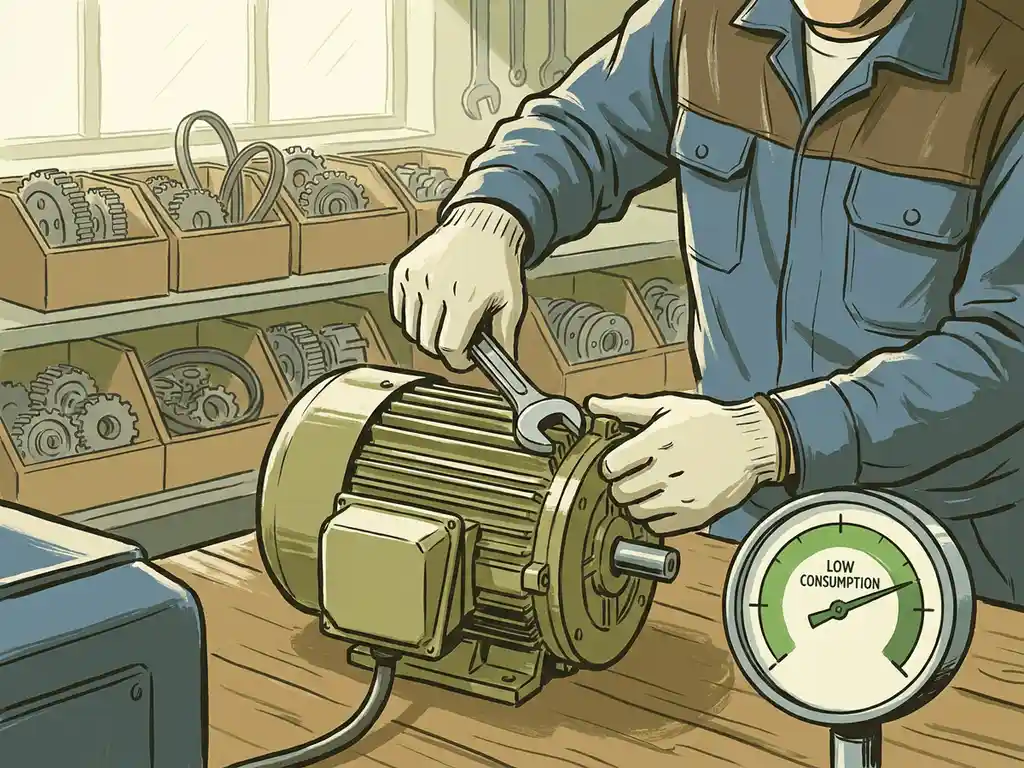 Technicus stelt een industriële elektromotor af op een werkbank, met een energiezuinigheidsmeter en aandrijfcomponenten op de achtergrond.