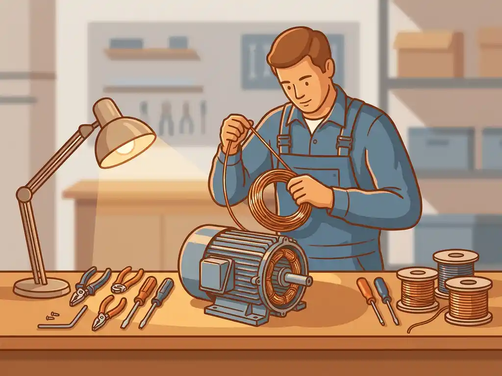 Technicus wikkelt koperen spoelen in een geopende elektromotor op een werkbank, gereedschap netjes gerangschikt, warme atelierverlichting.
