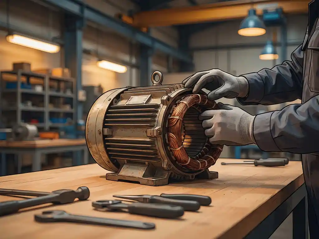 Technicus inspecteert koperen wikkelingen van een versleten elektromotor op een werkbank in een industriële werkplaats.