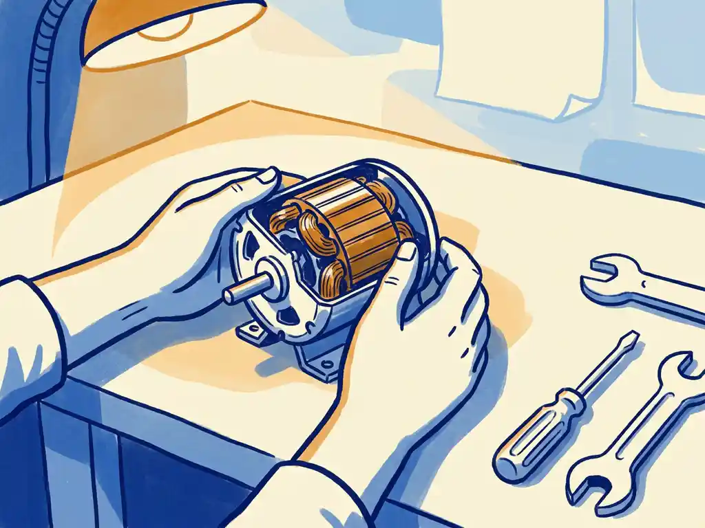 Technicus herstelt compacte elektromotor op werkbank, met zichtbare koperen wikkelingen en gereedschap in kobaltblauw-amberillustratiesstijl.