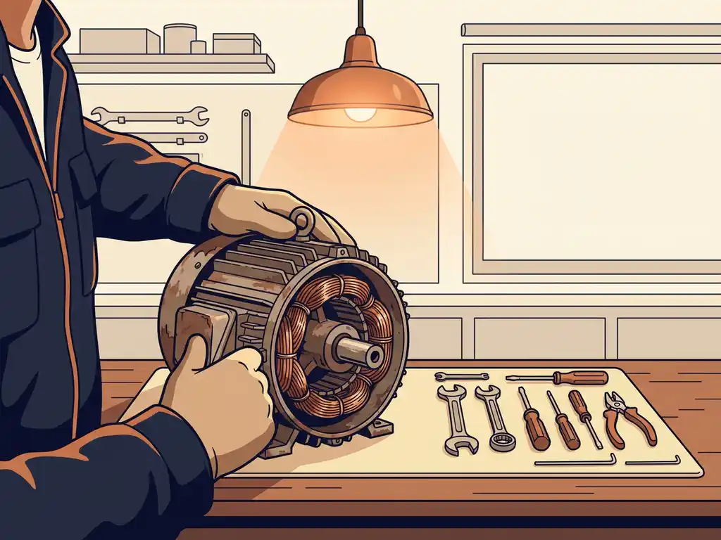 Technicus onderzoekt versleten elektromotor op werkbank, koperen wikkelingen zichtbaar in geopende behuizing, gereedschap netjes gerangschikt.