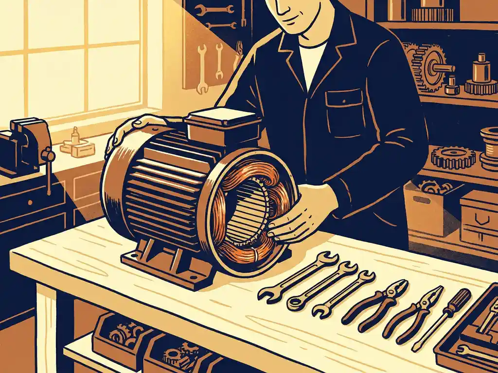 Technicus monteert grote industriële elektromotor op werkbank, koperen wikkelingen zichtbaar in open behuizing, gereedschap netjes gerangschikt.