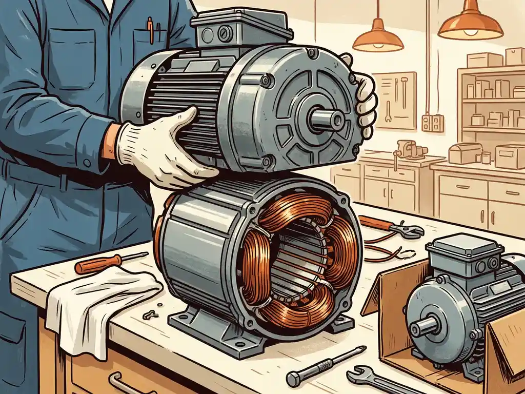 Technicus die een grote industriële elektromotor hermonteert, met glanzende koperen wikkelingen zichtbaar in de geopende behuizing.
