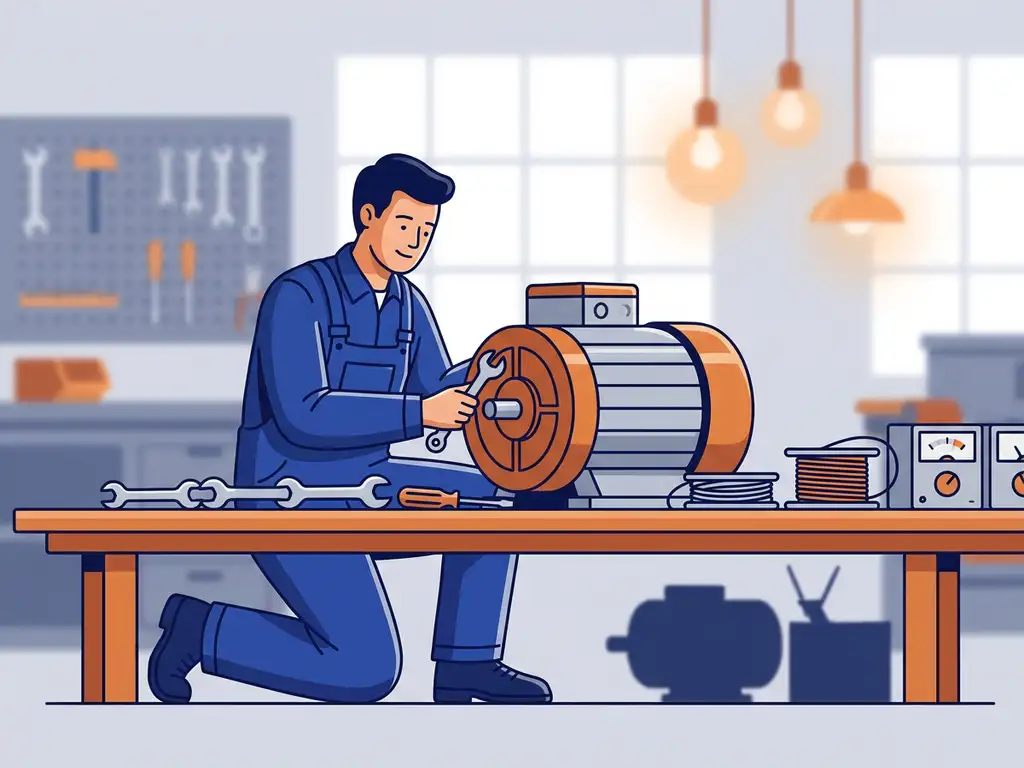 Technicus repareert grote industriële elektromotor op werkbank met gereedschap, illustratie in kobaltblauw en oranje.