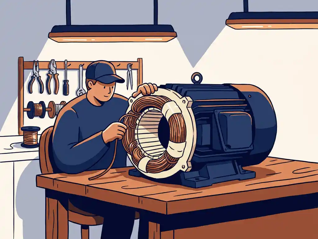 Technicus wikkel koperen spoelen in een grote industriële elektromotor op een werkbank, met gereedschapsrek op de achtergrond.