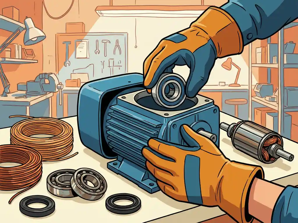 Technicus plaatst nieuw lager in gedemonteerde elektromotor, met koperwikkelingen en afdichtingen op werkbank.