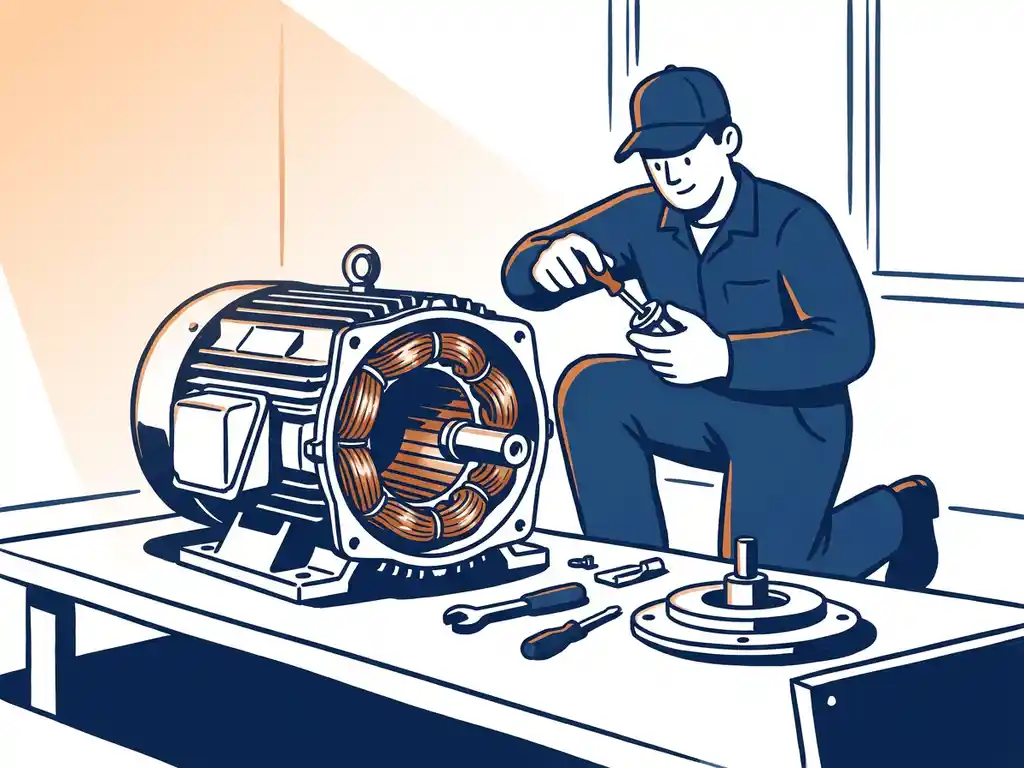 Technicus die een grote gereviseerde industriële elektromotor monteert, met glanzende koperen wikkelingen zichtbaar in de behuizing.