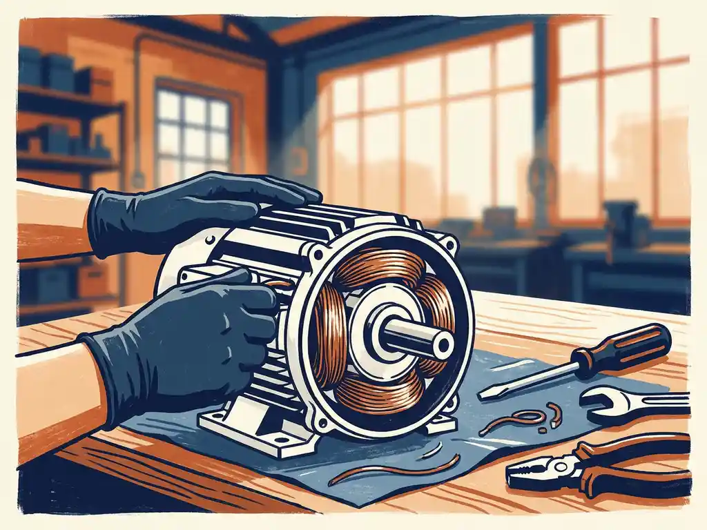 Technicus monteert elektromotor op werkbank, met zichtbare koperen wikkelingen in de geopende behuizing en gereedschap ernaast.