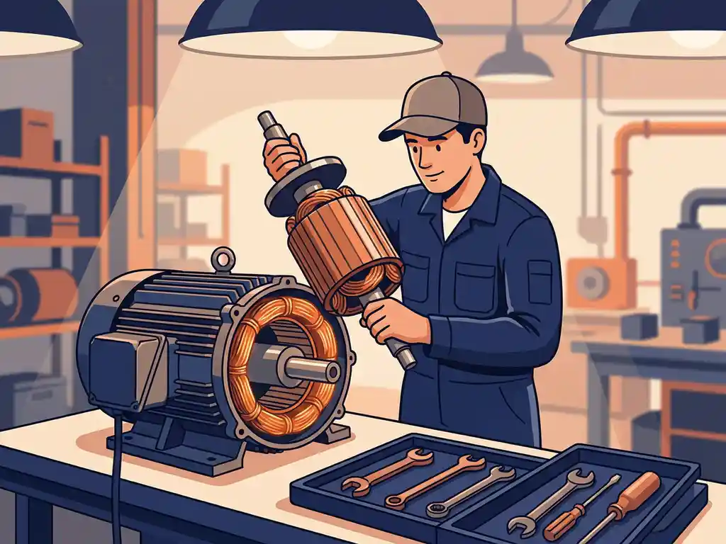 Technicus die een grote elektrische motor hermonteert op een werkbank, met zichtbare koperen wikkelingen in de open behuizing.
