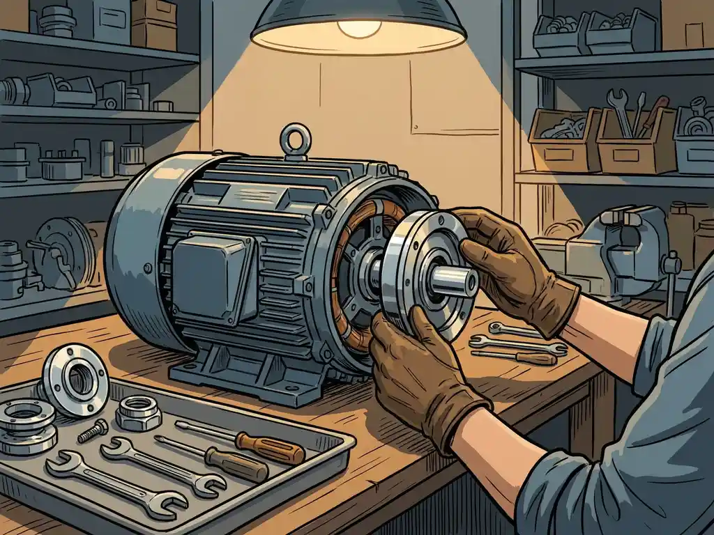 Technicus monteert grote industriële elektromotor op werkbank, gereinigde metalen onderdelen glanzen, gereedschap netjes gerangschikt.