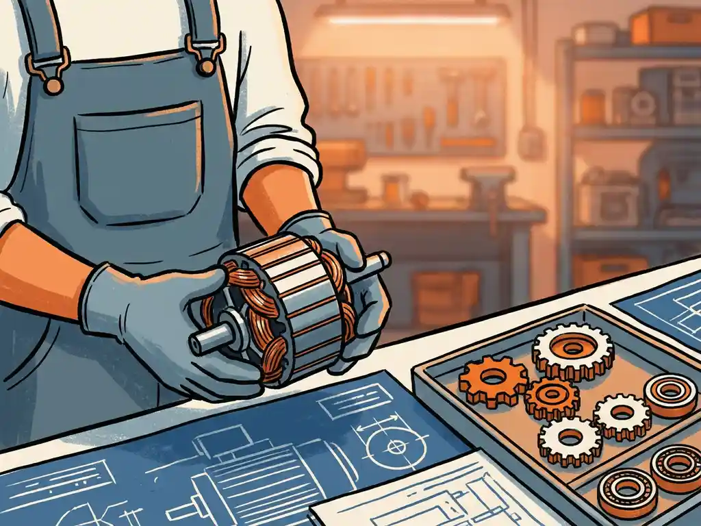 Technicus die een elektrische motor hermonteert op een werkbank, met lageronderdelen netjes uitgelegd op de voorgrond.