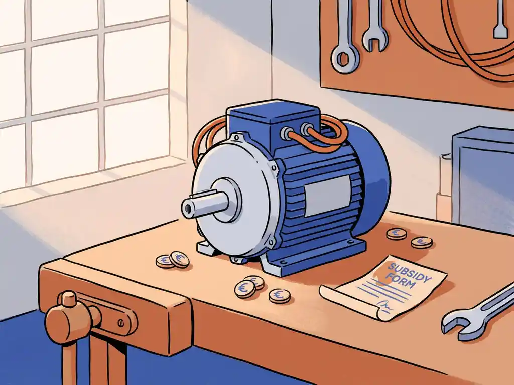 Elektromotor op werkbank omringd door euromunten en subsidieformulier in warme industriële werkplaats.