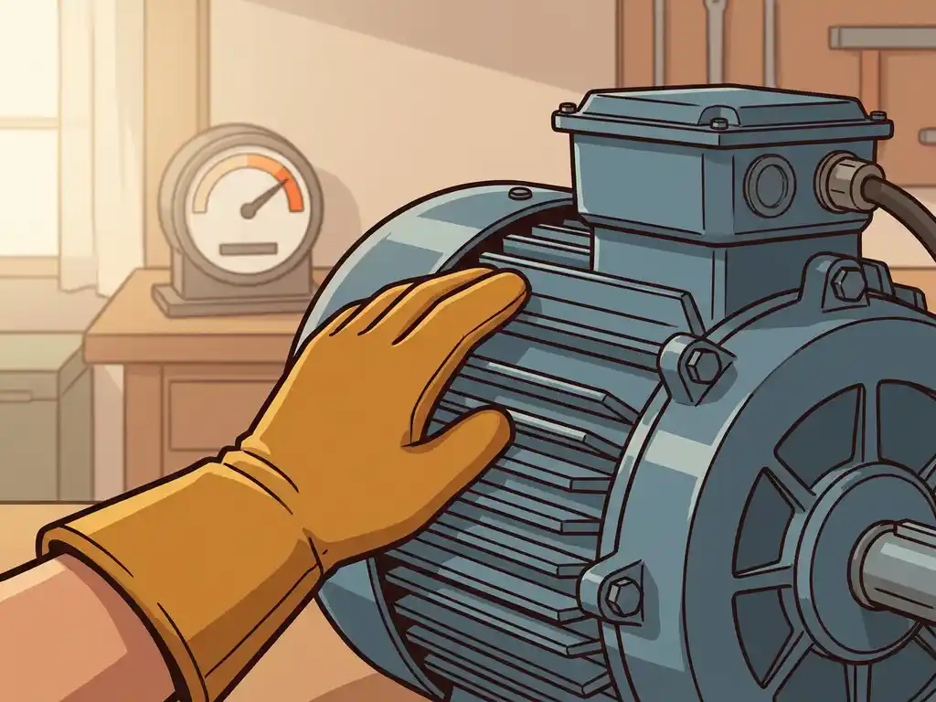 Gehandschoende hand op een industriële elektromotor in werkplaats, met energiemeter op de achtergrond en zichtbare koelribben.