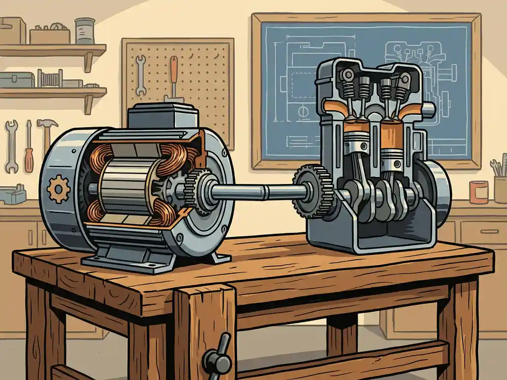 Doorsnede-illustratie van een elektromotor en verbrandingsmotor op een werkbank, verbonden door een aandrijfas, met koperen wikkelingen en tandwielen.