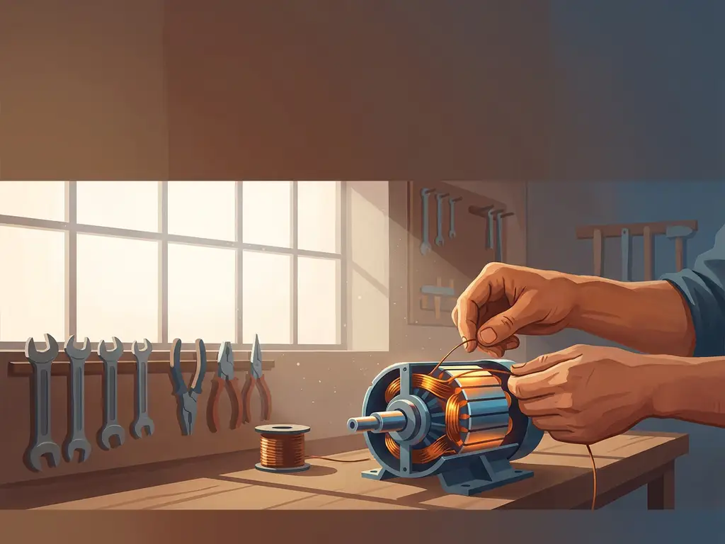 Technicus die koperen wikkelingen herwindt in een open elektromotor op een werkbank, met gereedschap netjes gerangschikt.