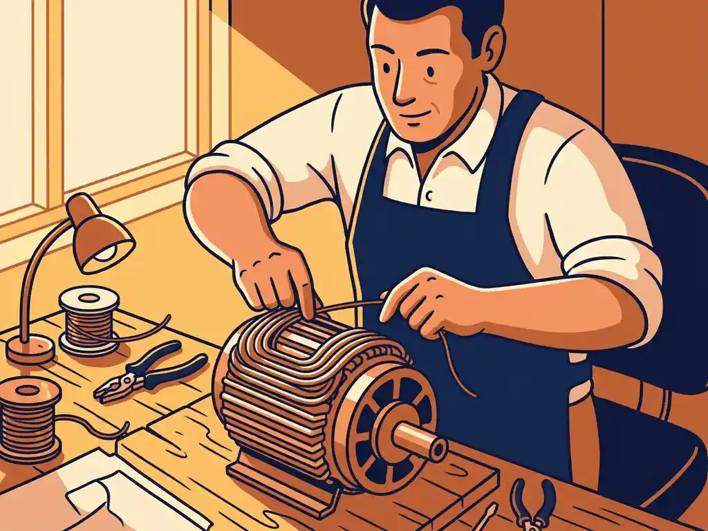 Technicus wikkelt koperdraad om een elektromotorkern op een werkbank, verlicht door warm goudkleurig zijlicht.