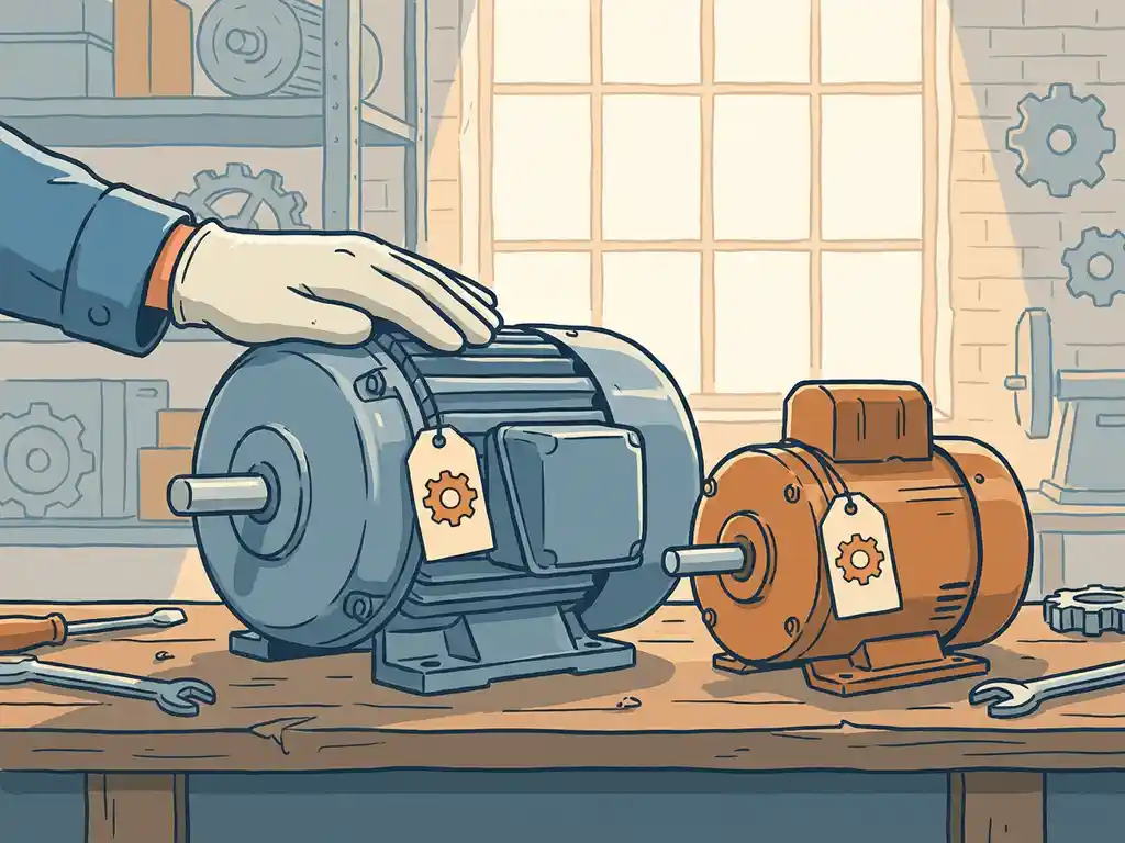 Twee elektrische motoren van verschillende groottes op een werkbank, met een techniciushand op één motor en efficiëntielabels eraan.