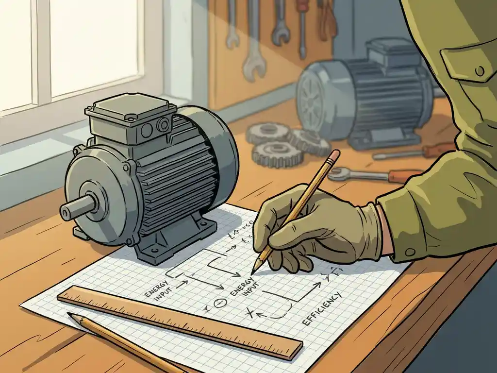 Technicianshand schetst energieberekeningsdiagrammen op ruitjespapier naast een compacte industriële elektromotor met potlood en liniaal.