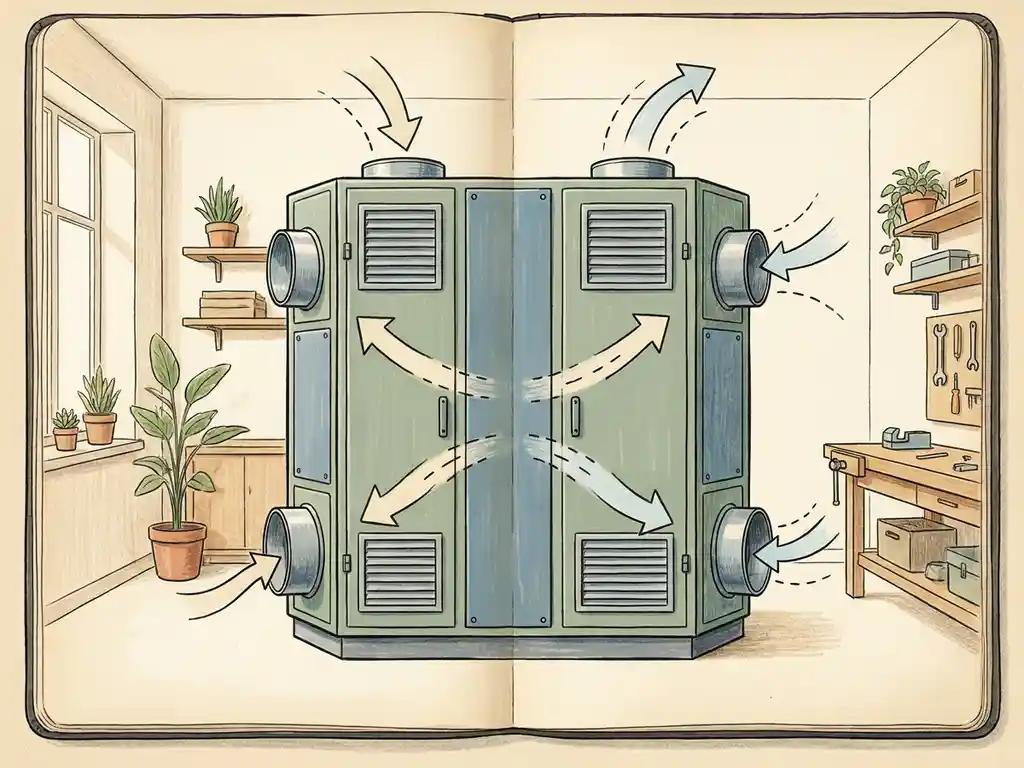 Illustratie van een energiezuinige luchtbehandelingskast met ventilatierooster en luchtstroomdiagram in een nette werkplaats.