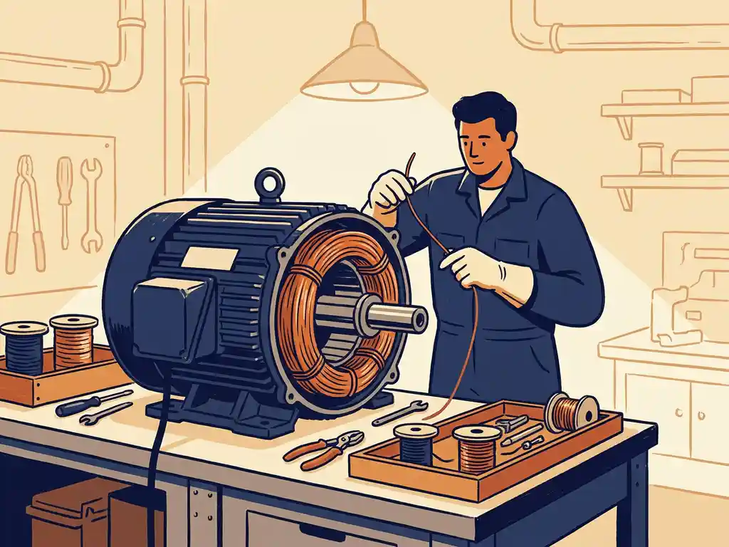 Technicus wikkeldt koperen spoelen in een open explosieveilige elektromotor op een industriële werkbank.