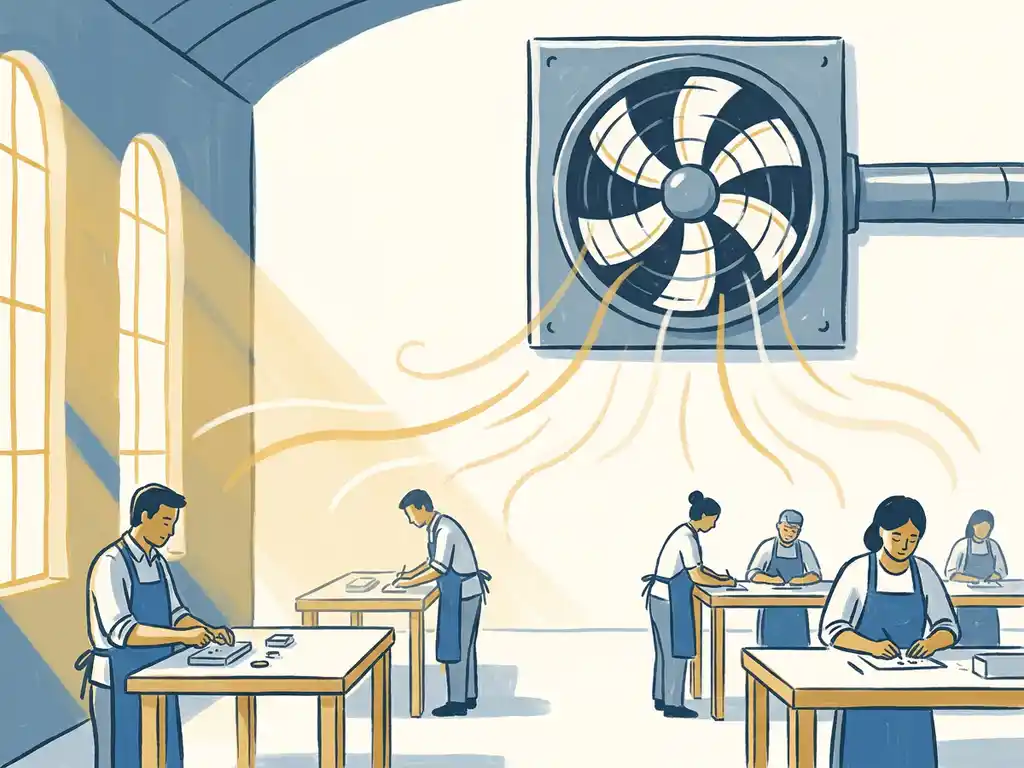 Industriële ventilativentilator in fabriekshal met werknemers aan werkbanken, frisse lucht en zonlicht door hoge ramen, stijlvolle illustratie.