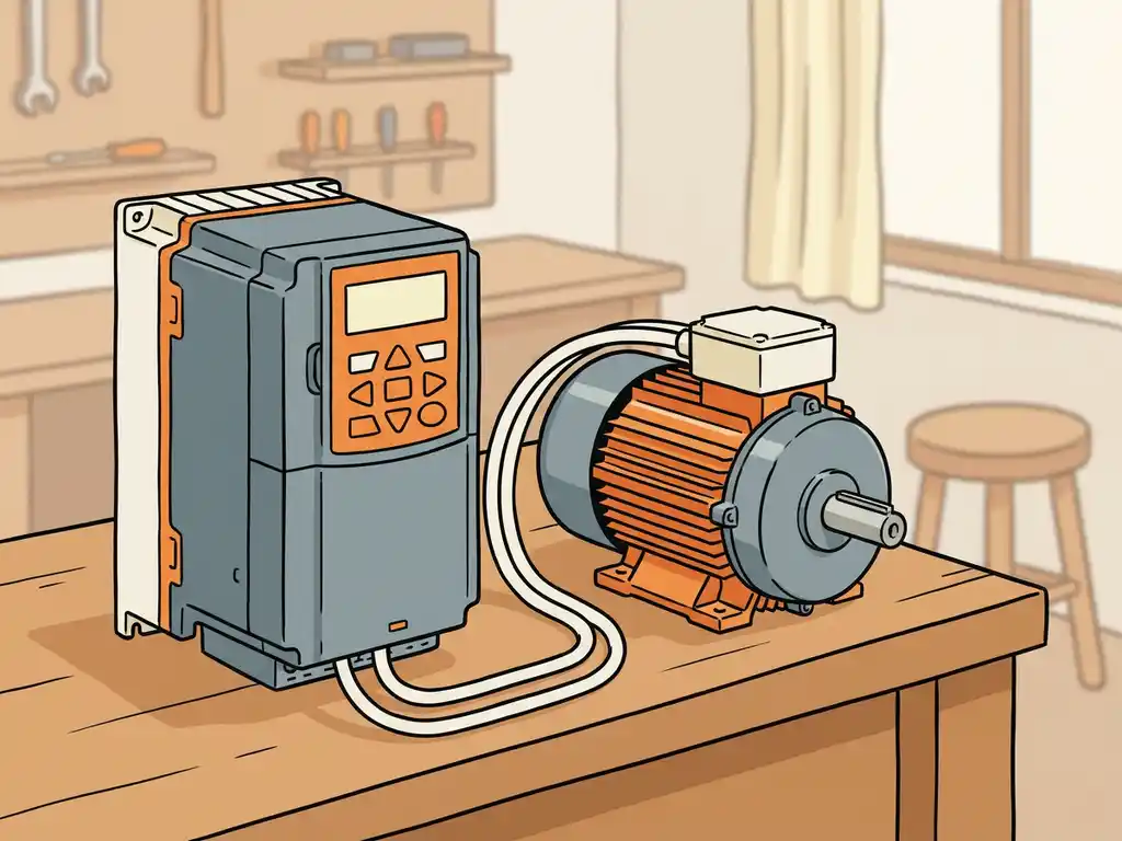 Frequentieregelaar verbonden via kabels met een elektromotor op een werkbank in een industriële werkplaats.