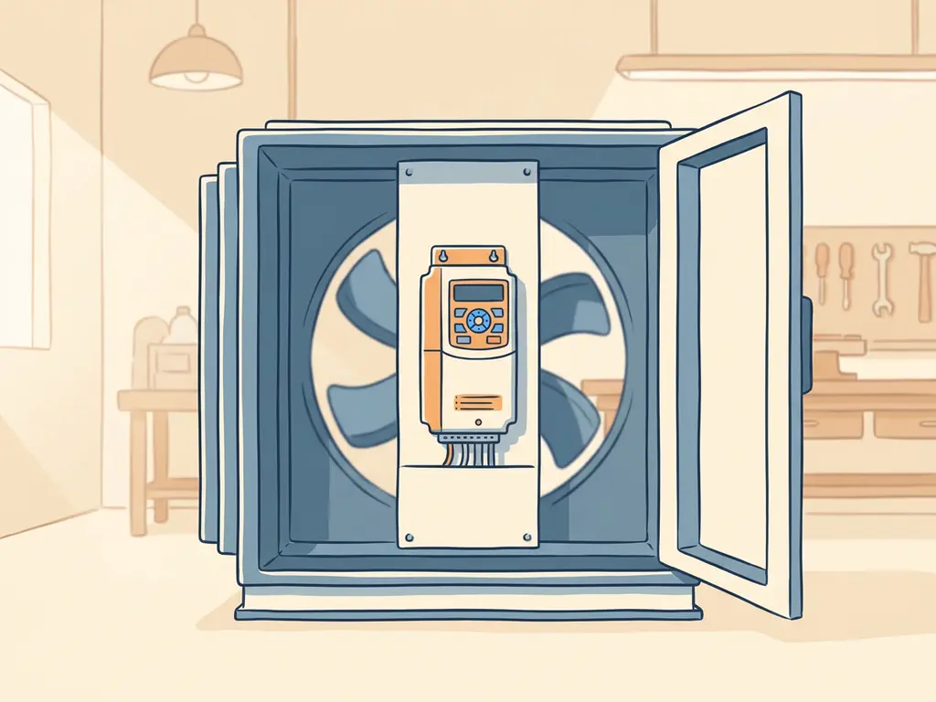Frequentieregelaar gemonteerd in een luchtbehandelingskast met grote ventilatorbladen op de achtergrond.