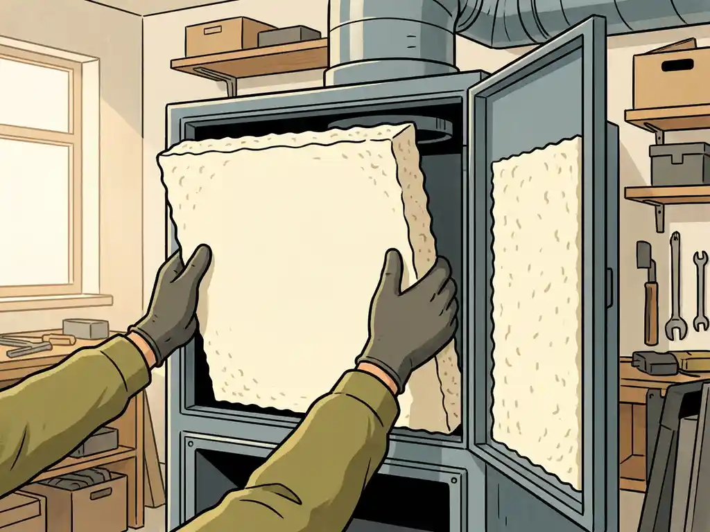 Technicus installeert akoestische schuimpanelen in een ventilatiekast in een industriële werkplaats.