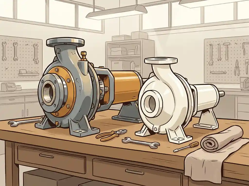 Gereviseerde industriële pomp naast een nieuwe pomp op een werkbank, omringd door handgereedschap en een poetsdoek.