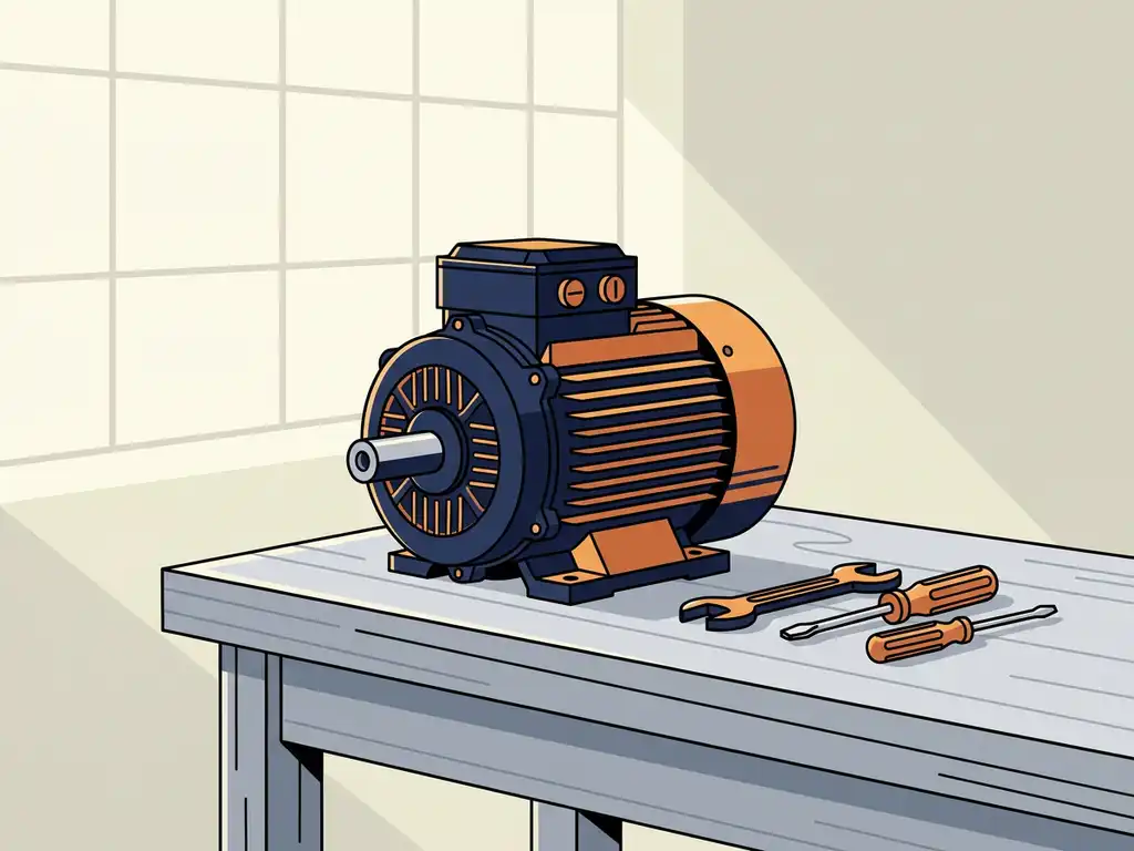IE4 elektromotor op een werkbankblad in een werkplaats, omringd door gereedschap in warm oranje en marineblauw kleurenpalet.