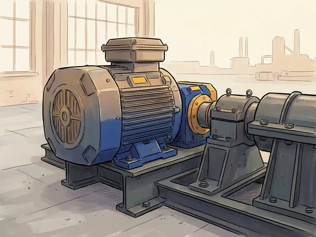 Industriële elektromotor op zware staalfundamenten in een fabriek, illustratie in staalgrijs, kobaltblauw en ambergeel.