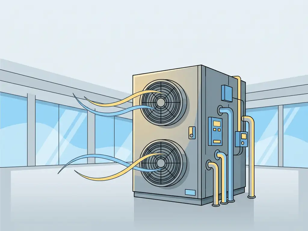 Industriële luchtbehandelingskast in een schone fabrieksomgeving, met gestileerde luchtstromen langs ventilatieroosters in staalgrijs en hemelsblauw.
