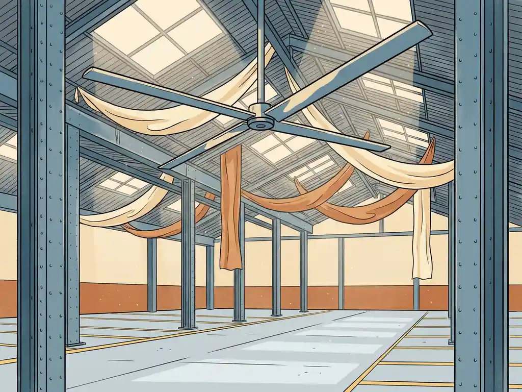 Grote industriële plafondventilator met brede wieken in een magazijn met betonnen vloer, stalen balken en daglicht via dakramen.
