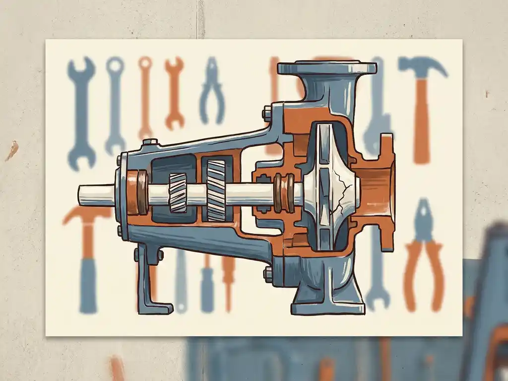 Doorsnede-illustratie van industriële pomp met interne tandwielen, afdichtingen en gebarsten waaier in staalblauwe en oranje tinten.